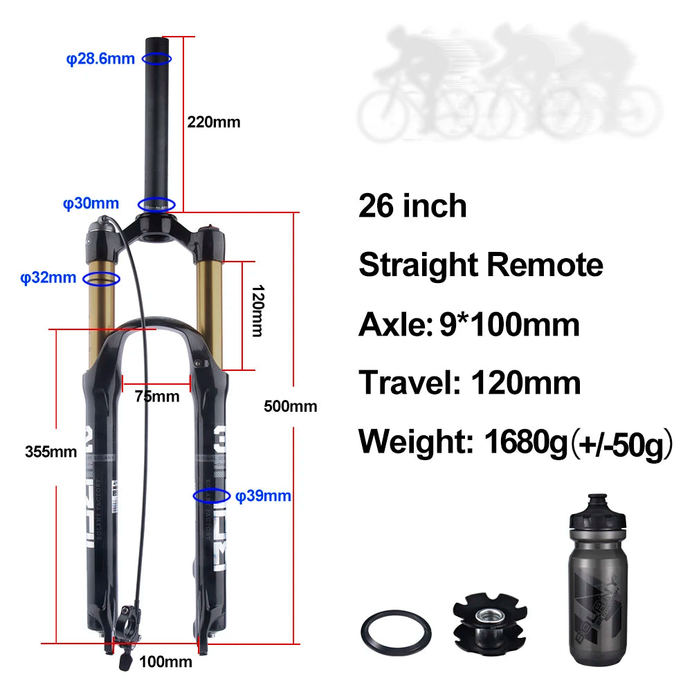 Mountain Bike Air Suspension Fork 26/27.5/29 Inch 100mm Travel (120mm Exposed) Air & Oil Damping Remote Lockout 9mm Axle 32mm Stanchions Disc Brake