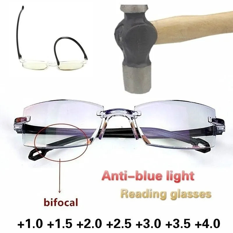Rimless bifocal reading glasses with anti-blue light lenses