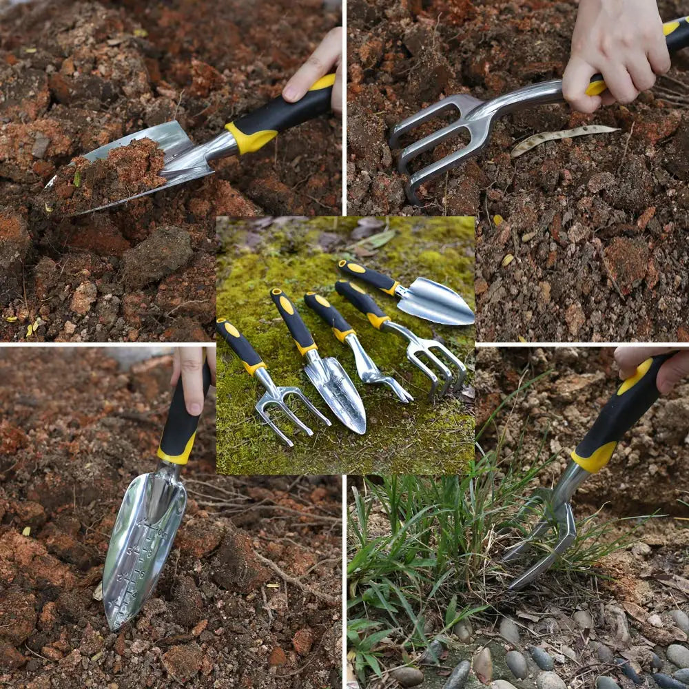 5-Piece Garden Tool Set – Hand Trowel, Transplant Trowel, Cultivator & Gloves with Ergonomic Handles for Planting, Transplanting & Bonsai