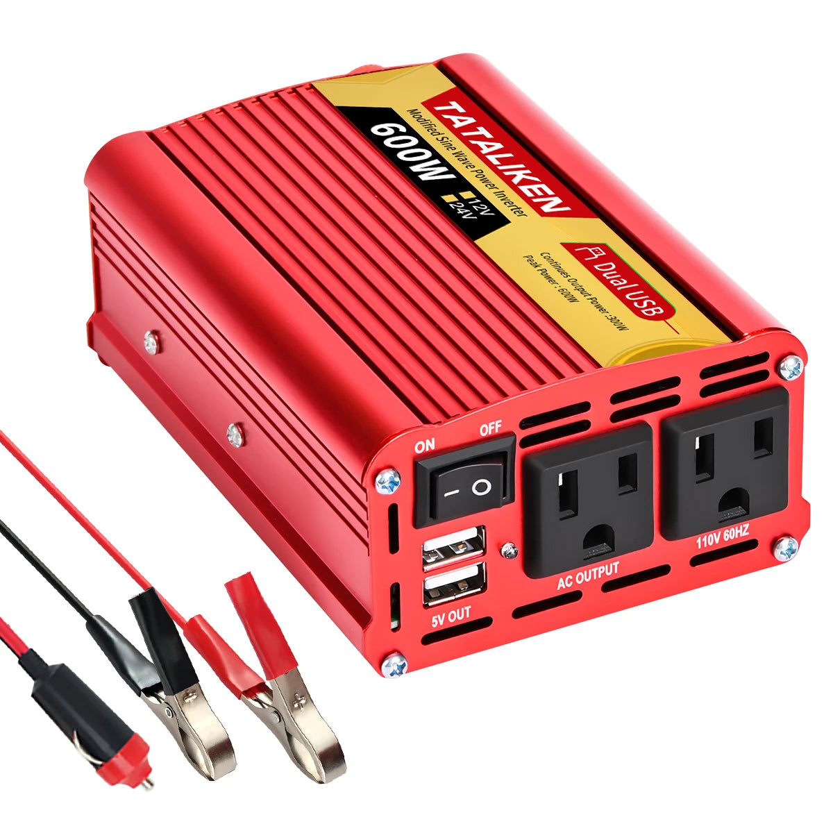 2000W Car Power Inverter 12V DC to 110V/220V AC 60Hz with Dual USB Quick Charge Adapter - Red