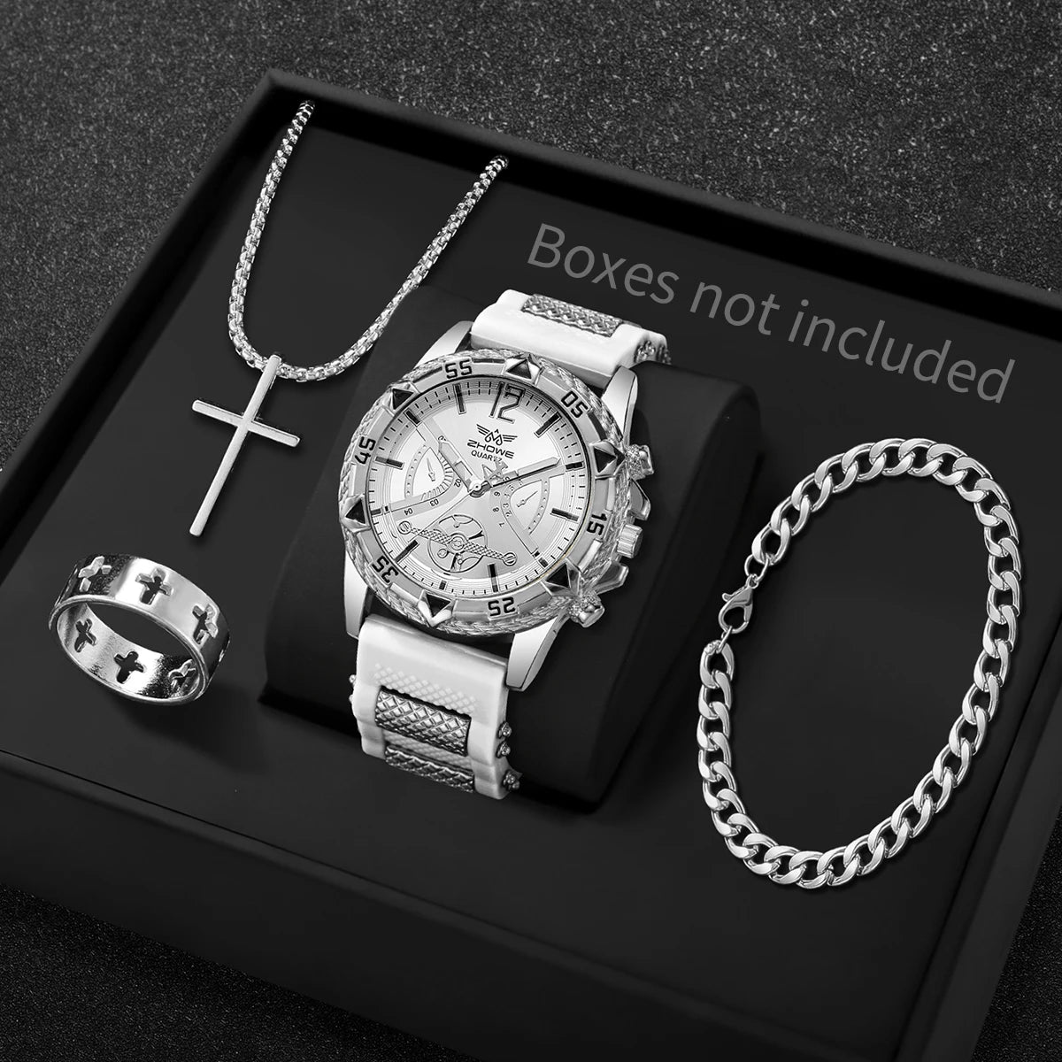 4-Piece Men's Arabic Numeral Quartz Watch Set - 45mm (1.77 in) Business Casual Wristwatch with Bracelet, Necklace & Ring