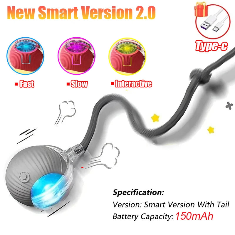 Interactive Automatic Rolling Ball Toy for Cats and Dogs, Rechargeable Smart Pet Toy with Faux Tail