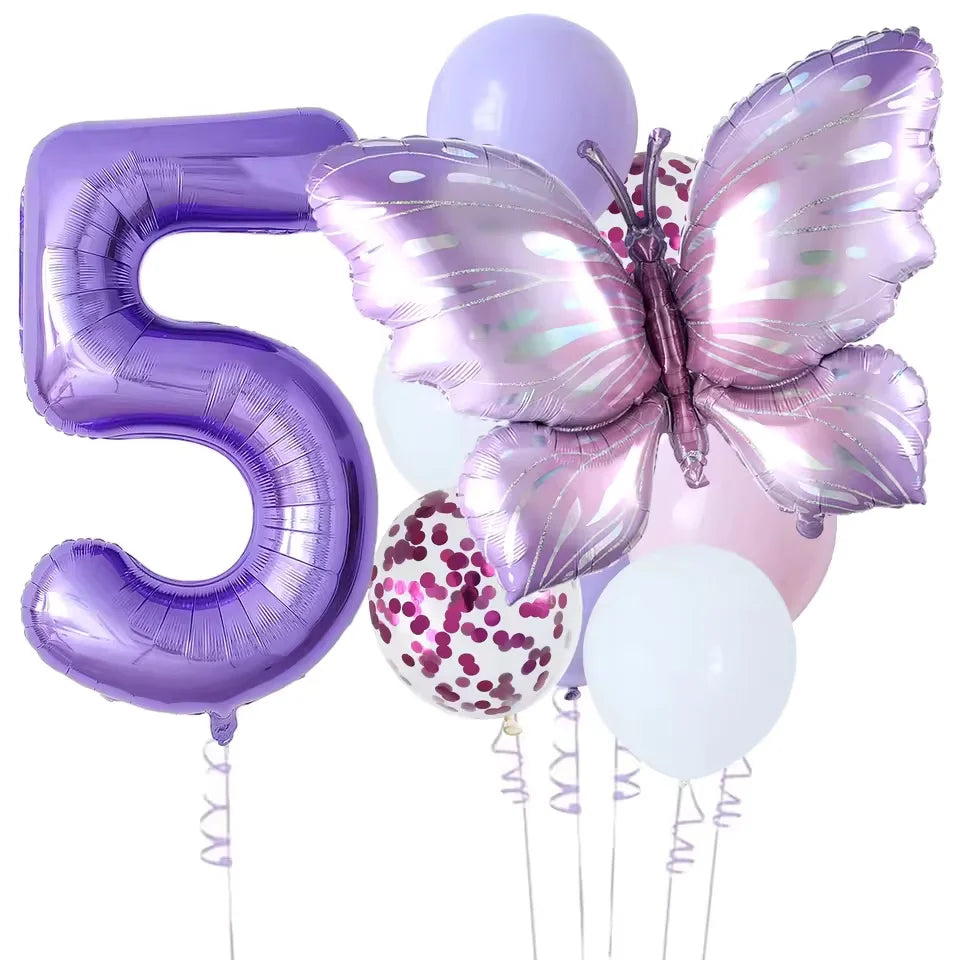 10-Pack Purple Butterfly & Number Foil Balloon Set 32-inch (81 cm) Party Decorations for Baby Shower, Birthday, Wedding, Christmas