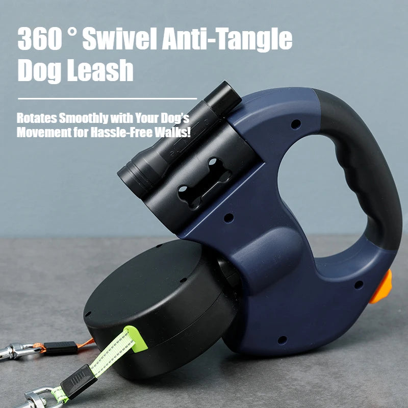 2-in-1 Retractable Dual-Lead Dog Leash & Harness Set for 2 Dogs — Anti-Tangle Reflective Leash with Built-In Light, 5–8 ft (1.5–2.5 m), for Small Dogs up to 22 lb (10 kg)