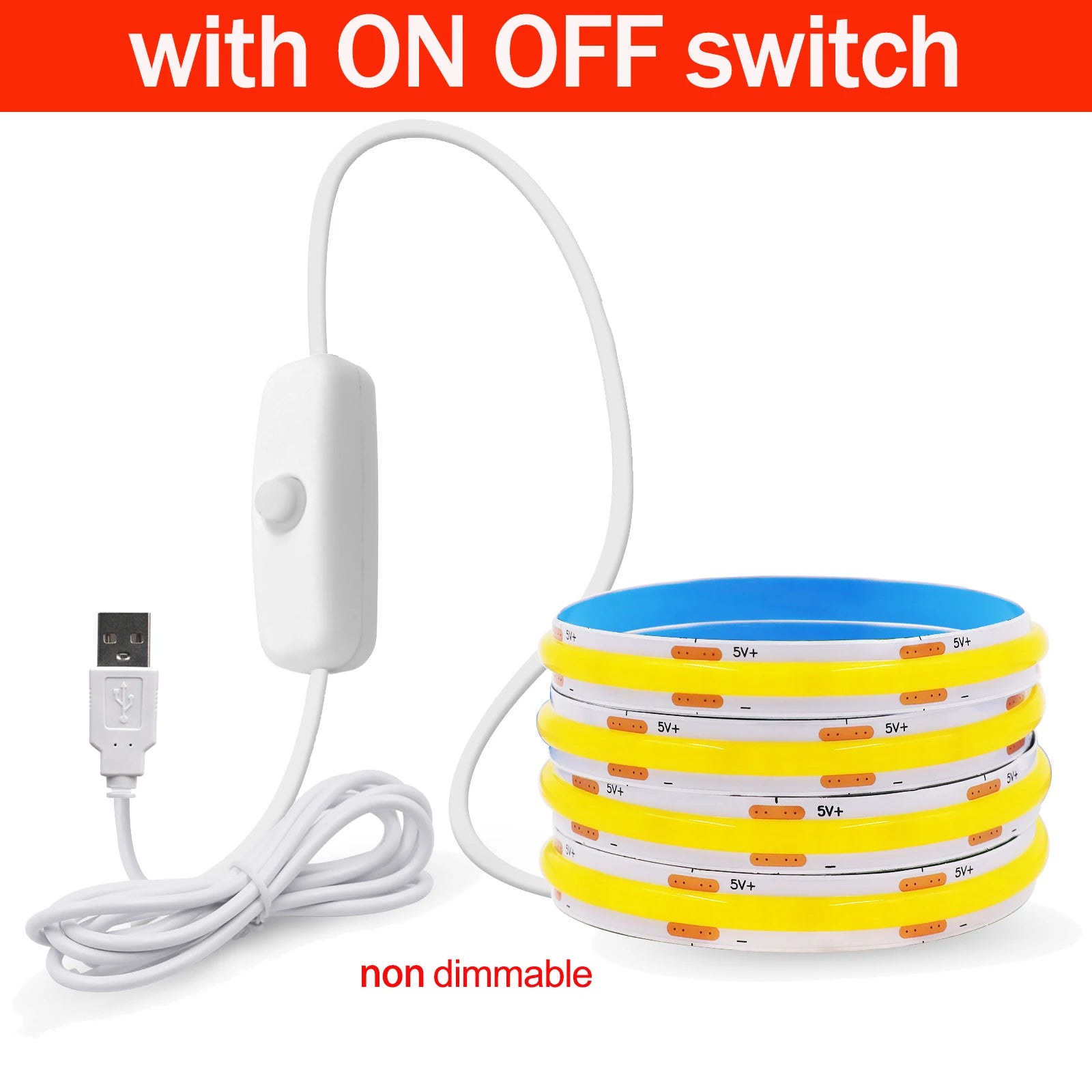 Dimmable COB LED Strip Light 5V USB with ON/OFF Switch — 320 LEDs/m High-Density Flexible Tape Light, Adhesive Backing, 3000K/4000K/6000K