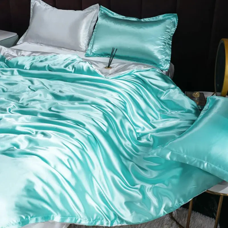 Ice Silk Satin 4-Piece Duvet Cover Set – Silky Solid Color Bedding (Duvet Cover + 2 Pillowcases + Sheet), Fits 1.5–2.2 m (5–7 ft) Beds