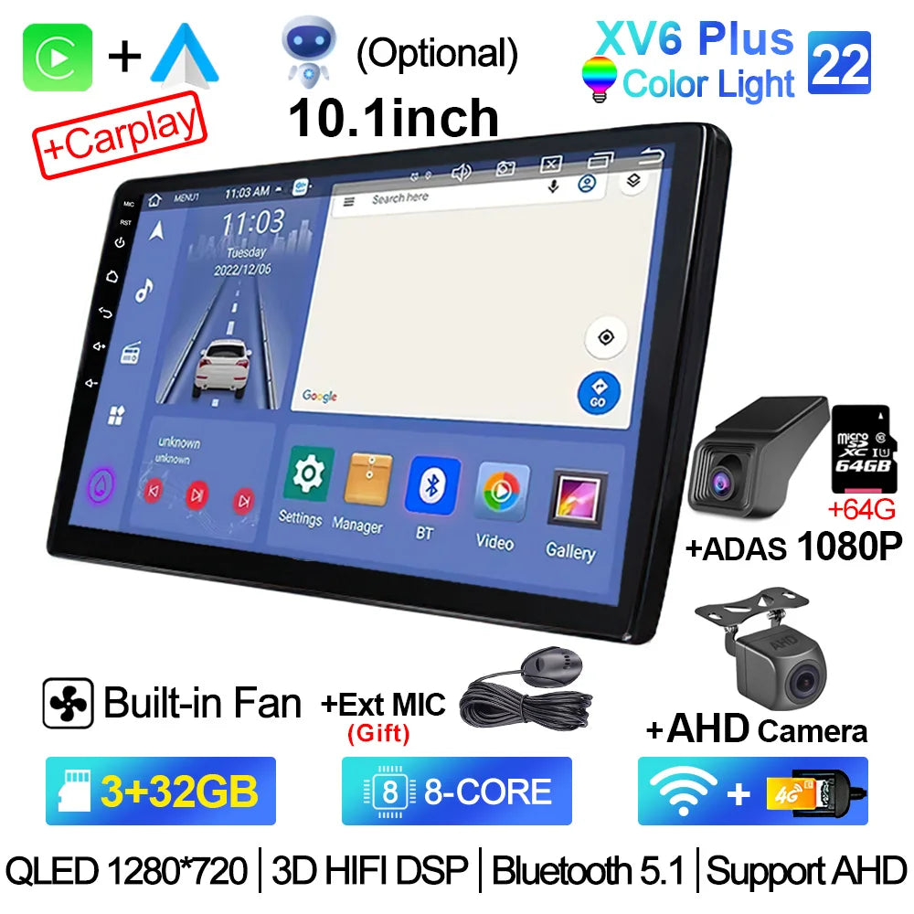 2-DIN Android Car Stereo - CarPlay & Android Auto, 7/9/10.1 inch (17.8/22.9/25.6 cm) QLED GPS, 8-Core CPU, DSP, WiFi & 4G, 6GB/128GB