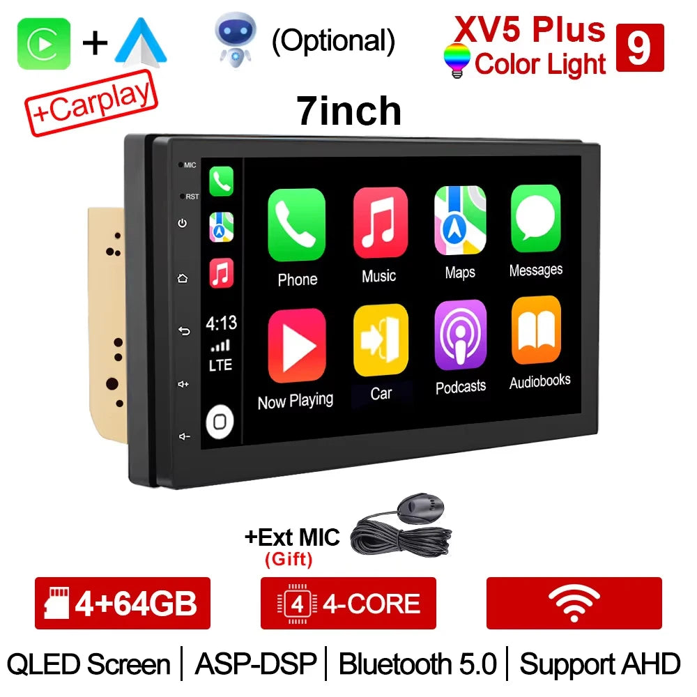 2-DIN Android Car Stereo - CarPlay & Android Auto, 7/9/10.1 inch (17.8/22.9/25.6 cm) QLED GPS, 8-Core CPU, DSP, WiFi & 4G, 6GB/128GB