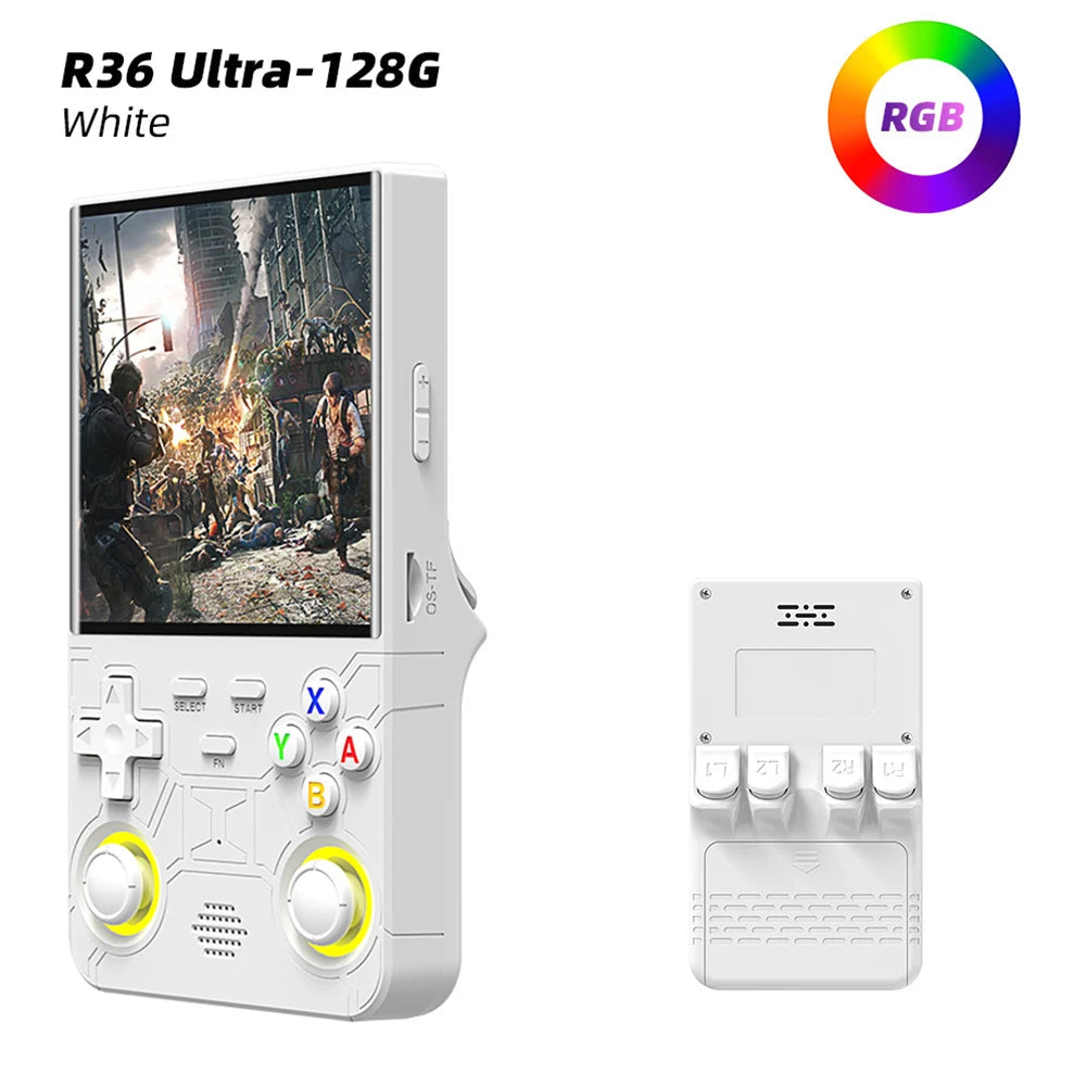 FanzyMarket portable handheld game console with dual joysticks, 4-inch IPS screen, RGB lighting, and support for 20,000 retro games.