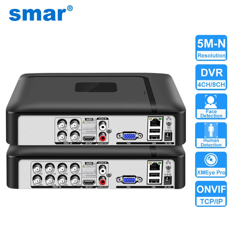 4/8-Channel 5-in-1 Hybrid DVR H.265+ 5MP-N CCTV Recorder — AHD TVI CVI CVBS IP, VGA/HDMI, 1×SATA, P2P Mobile View