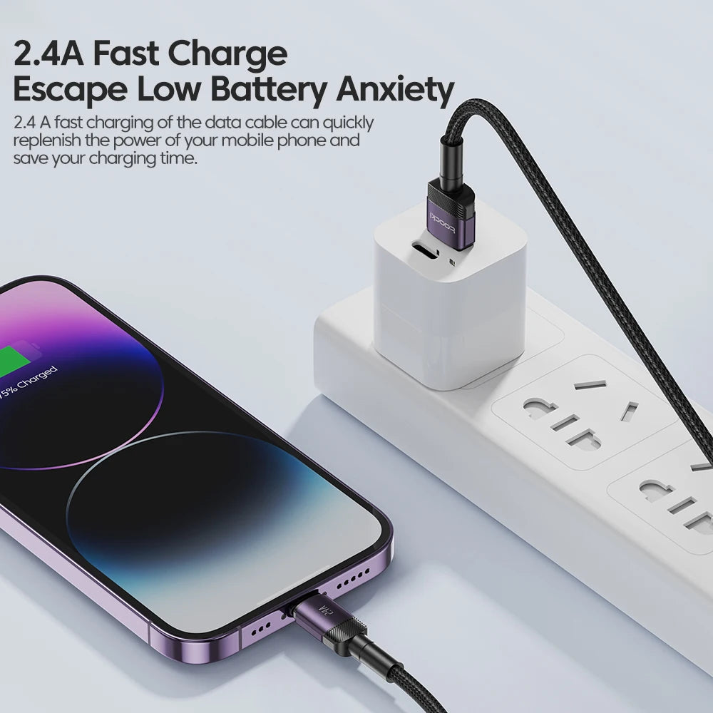 USB-A to Lightning Fast Charging Cable for iPhone & iPad — 2.4A Aluminum Alloy Data Sync Cord
