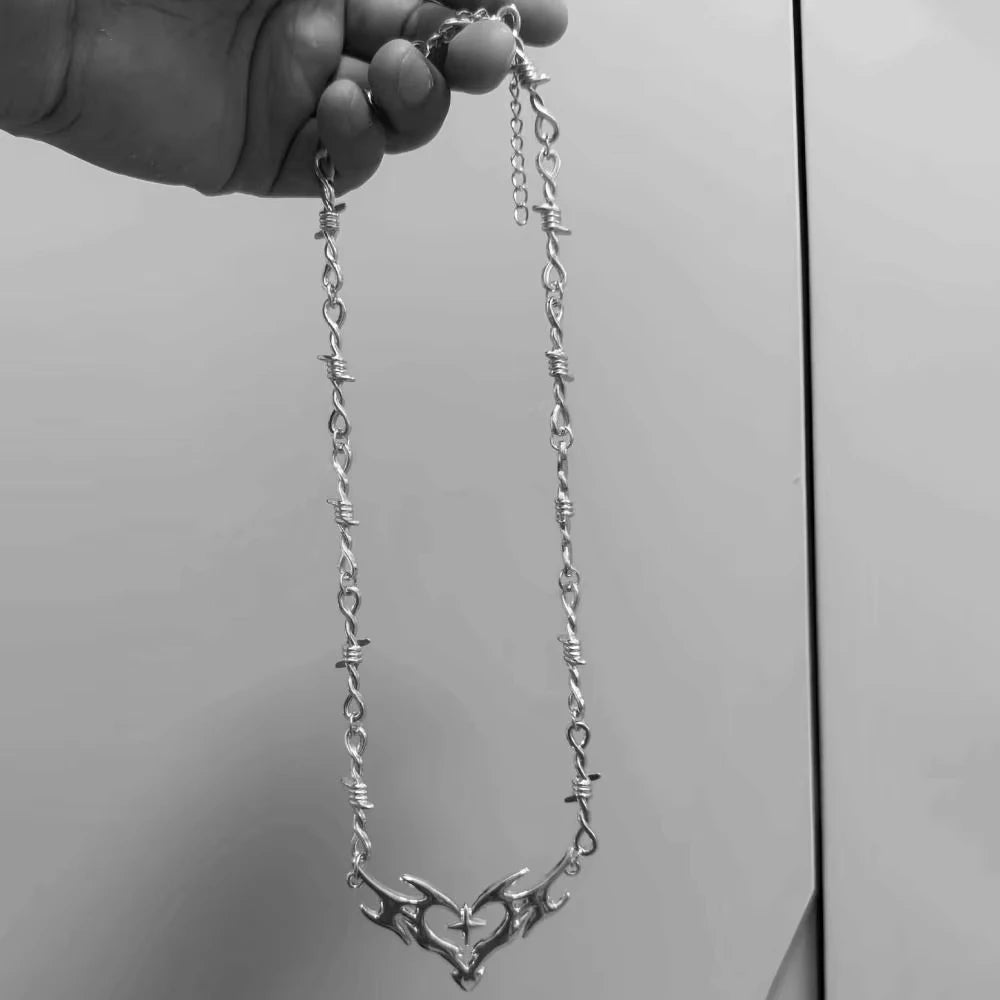 Flame Heart Cross Choker Necklace – Punk Gothic Barbed Wire Thorns Charm (Unisex, Y2K)