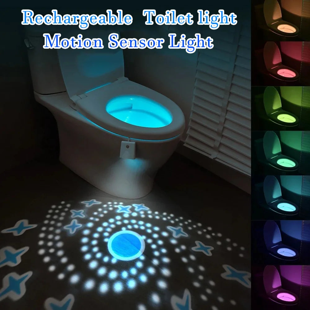 Motion Sensor Toilet Night Light 7-Color Rechargeable LED Toilet Bowl Nightlight with Star Projection