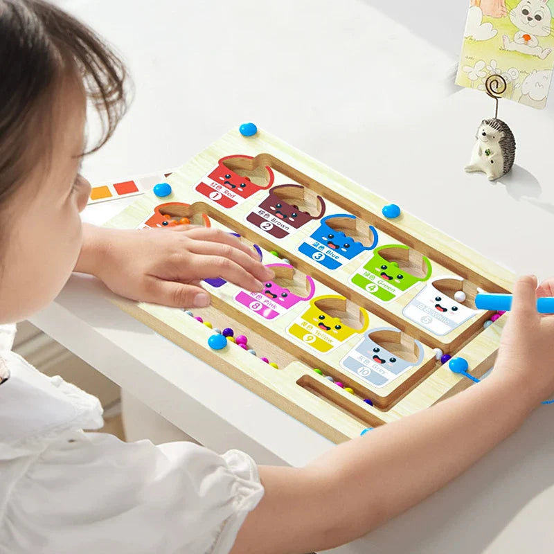 Montessori Magnetic Color & Number Sorting Wooden Maze Bead Toy - Sensory Educational Game for Kids