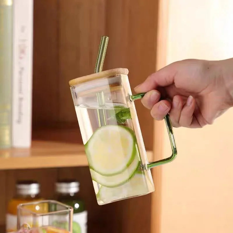 400ml (13.5 oz) Square Glass Mug with Lid and Straw — Microwave Safe Coffee, Milk & Party Drinkware