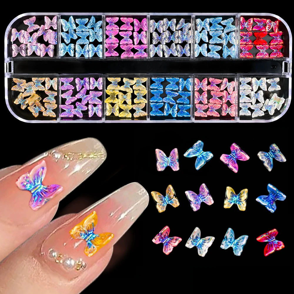 12-Grid Pink & White Nail Art Charms Set – Bows, Pearls, Rhinestones & Butterflies for DIY Manicure
