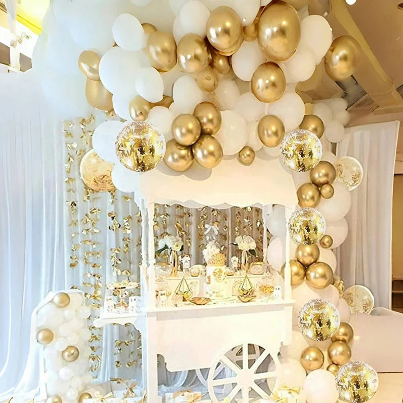 30-Pack 12-Inch (30 cm) Pearl White & Gold Confetti Balloons, Party Decorations for Birthday, Wedding & Anniversary