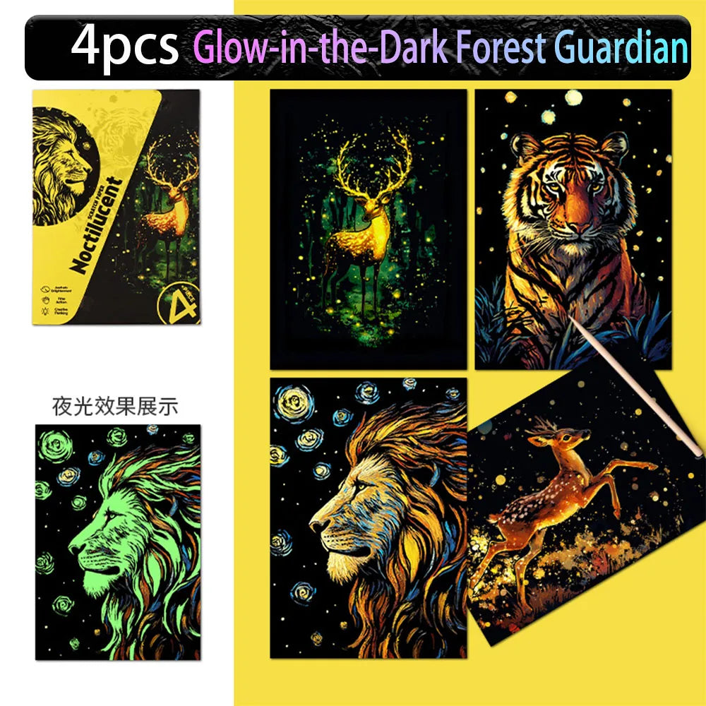 DIY Scratch Art Postcards A5 (20 x 14 cm | 7.9 x 5.5 in) 4‑Pack Night Scene Rainbow Scratch‑Off Sheets with Bamboo Stylus — Kids & Adult Craft Gift