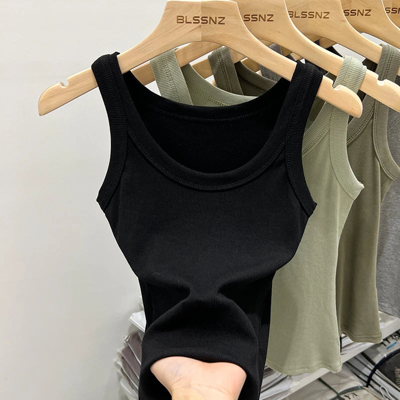 Women's Ribbed Round Neck Tank Top O-Neck Camisole Elastic Summer Basic Solid Tank