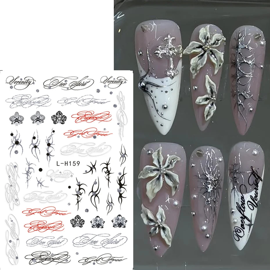 Punk Gothic Letter Nail Stickers Metallic Y2K Retro Nail Charms 3-Pack