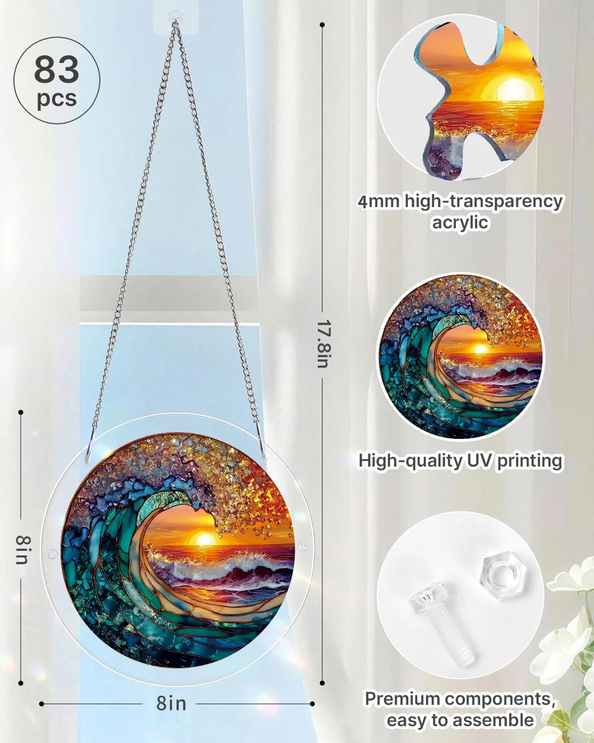 Ocean Wave Sunset Acrylic Suncatcher Puzzle – Stained Glass Style Window Hanging Decor Kit with Chain