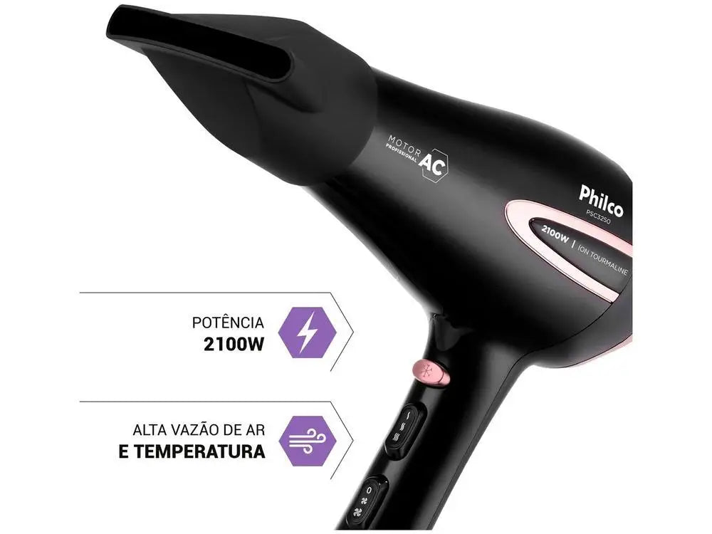Tourmaline Ion Hair Dryer 2100W, AC Motor, 2 Speeds and 3 Heat Settings, Cool Shot, Black, 220V
