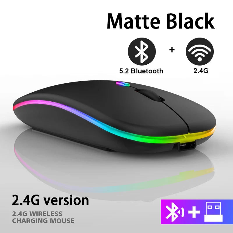 Rechargeable Dual-Mode Wireless Mouse — Bluetooth & 2.4GHz USB Receiver, RGB Backlight, 1600 DPI for Laptop PC MacBook Tablet