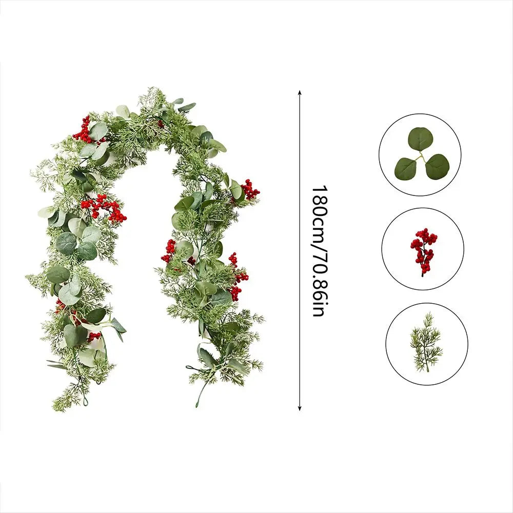 5.9 ft (1.8 m) Eucalyptus Christmas Garland with Red Berries & Pine Cones — Flexible Holiday Vine for Door, Mantel & Staircase