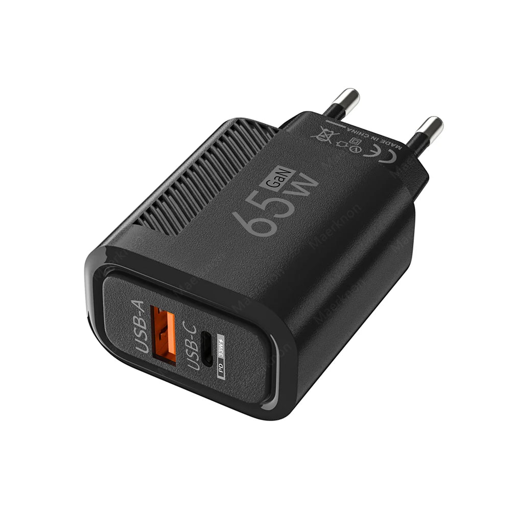 65W GaN 2-Port USB-C PD & QC3.0 Fast Charger - USB-A + USB-C Wall Adapter, EU/US Plug for Smartphones