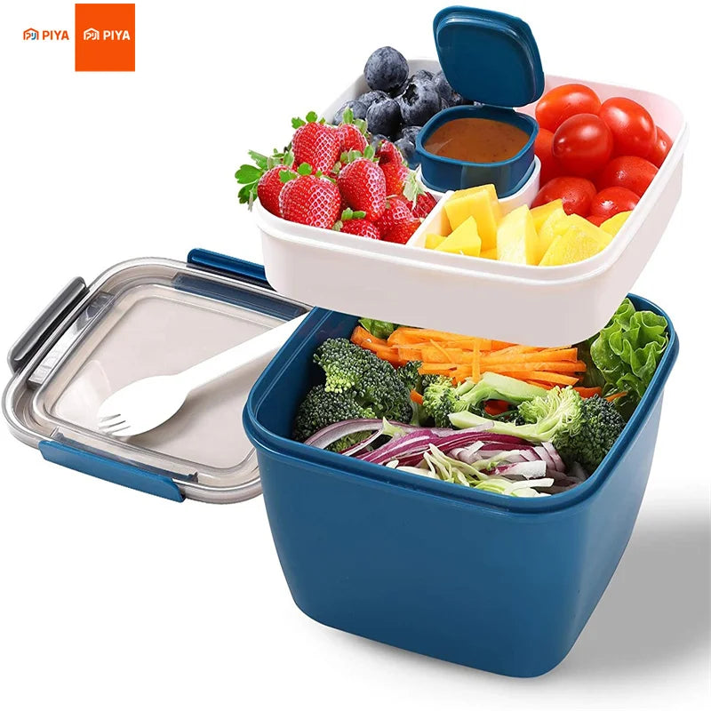 38 oz (1.12 L) Portable Salad Lunch Bowl - 3-Compartment Leakproof Bento Box with Dressing Cup & Utensil