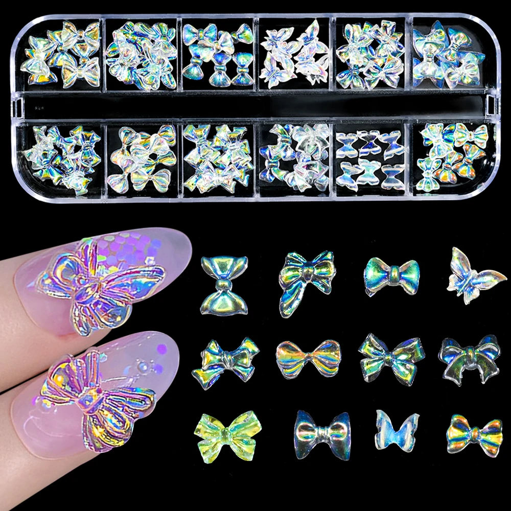 12-Grid Pink & White Nail Art Charms Set – Bows, Pearls, Rhinestones & Butterflies for DIY Manicure