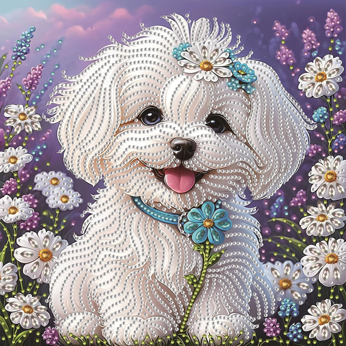 White Puppy with Flowers 5D Diamond Painting Kit