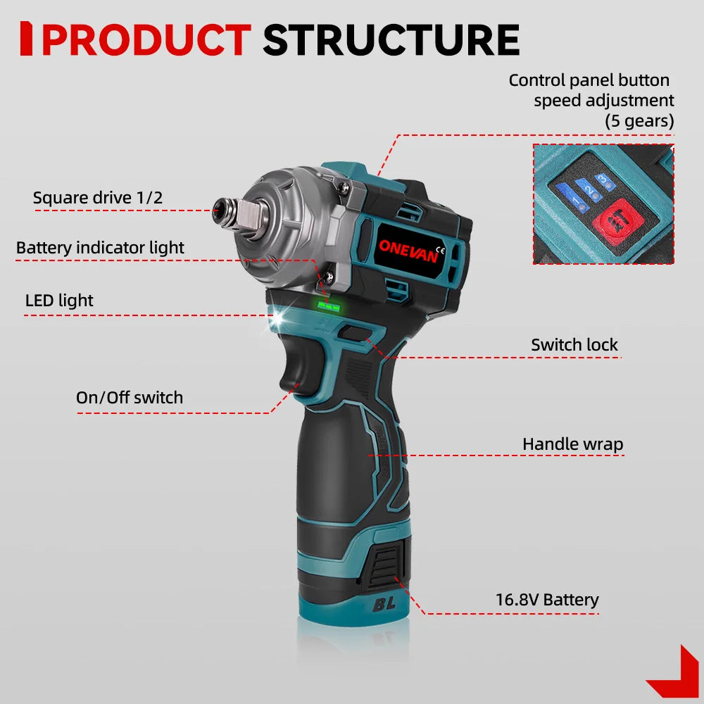 800W Brushless Cordless Impact Wrench 1/2-inch (12.7mm) Drive 16.8V Portable Electric Wrench 500 N·m