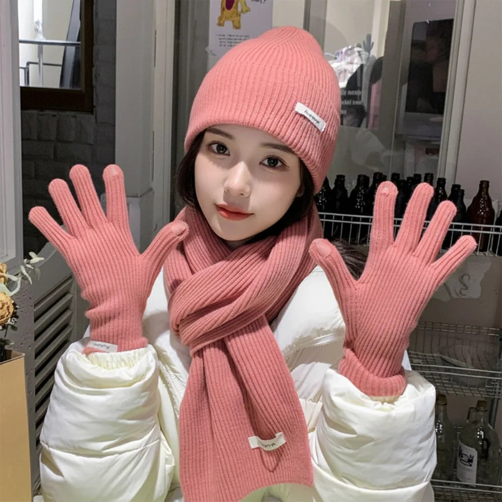 Women's 3-Piece Red Knit Cotton Hat, Scarf & Gloves Set — Thick Winter Beanie with Ear Protection, Warm Holiday Gift