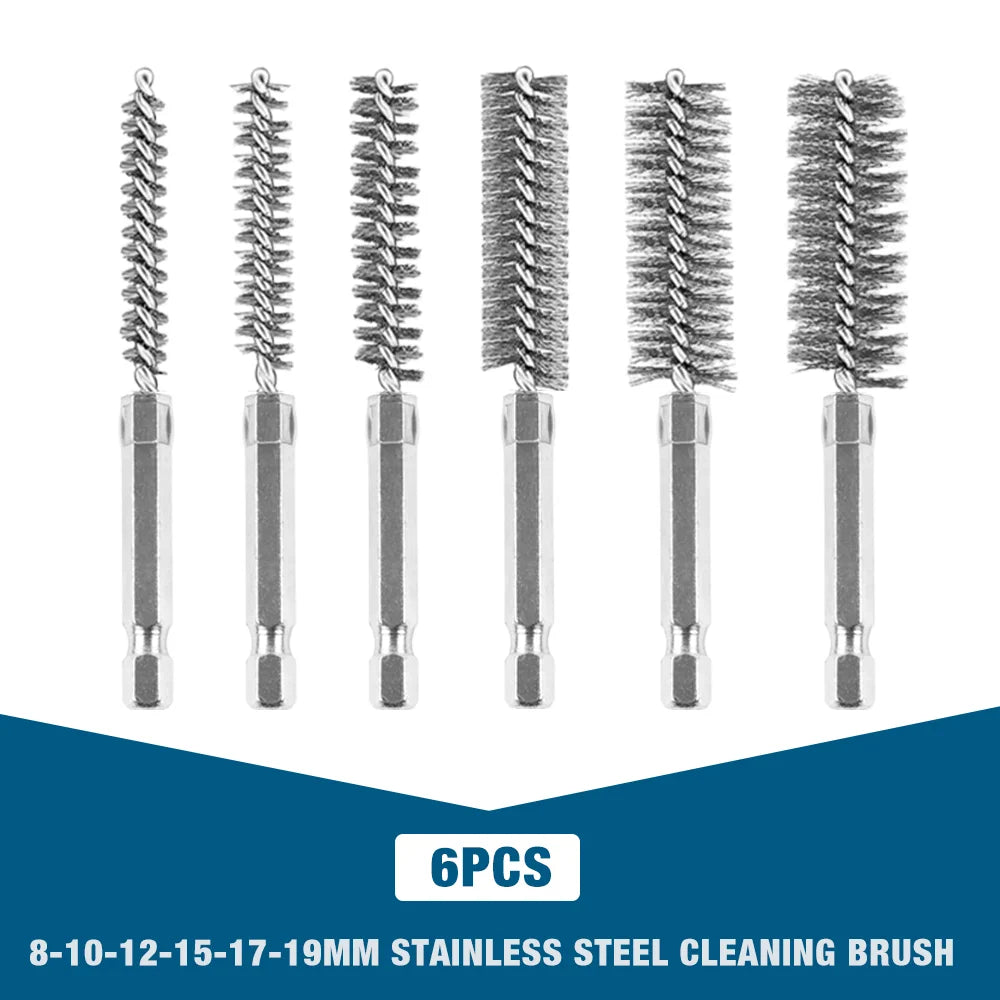 6/12-Pack Stainless Steel Drill Wire Brush Set — 1/4 in (6.35 mm) Hex Shank, 8/10/12/15/17/19 mm Bore Cleaning & Rust Removal