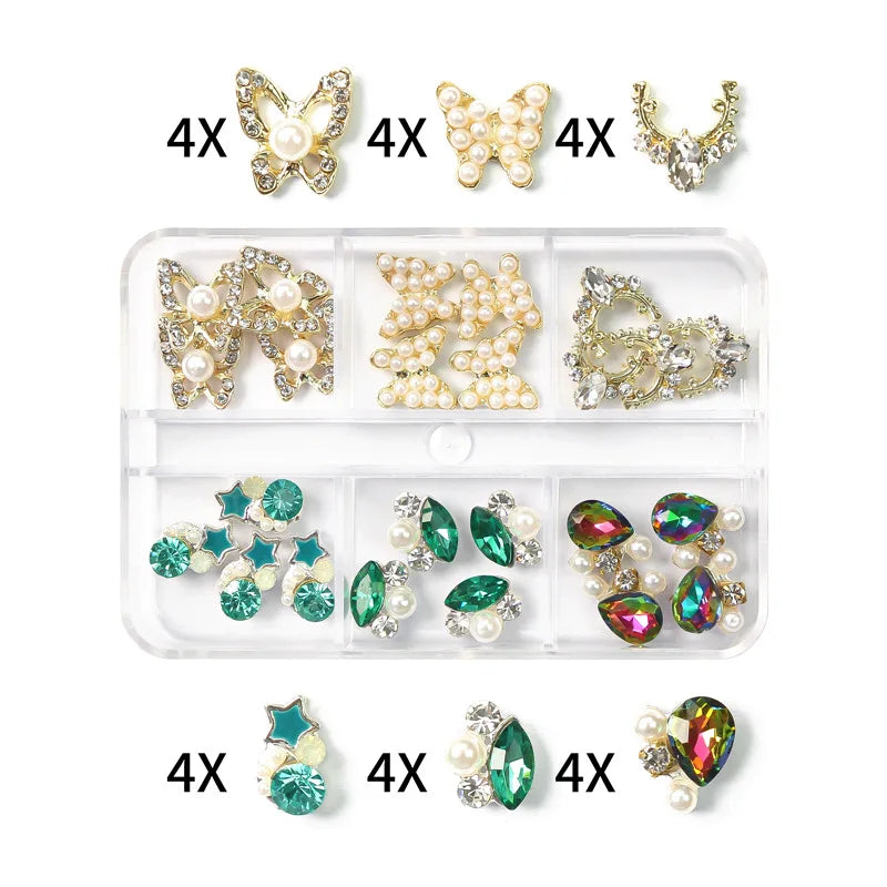 6-Grid Nail Rhinestone Kit – Saturn, Planet & Cross Crystal Nail Charms for Nail Art