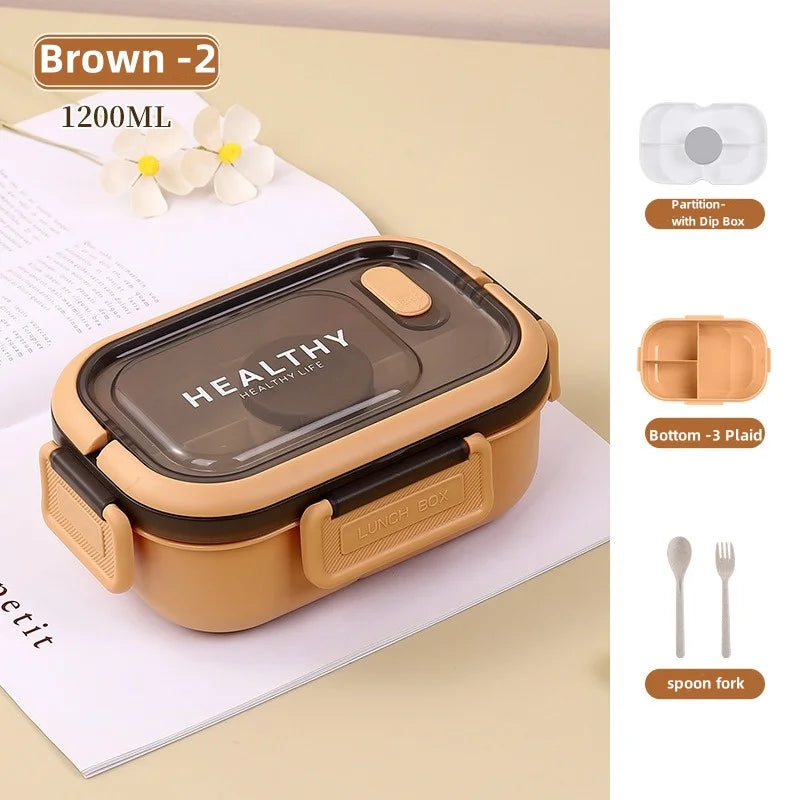 1200ml (1.2L / 40.6 fl oz) Double Layer Leakproof Microwaveable Lunch Box with Fork and Spoon - Portable Compartmental Bento Box for Picnic & Meal Prep