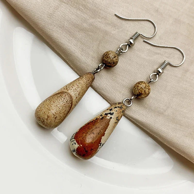 Korean Natural Stone Drop Earrings – Handmade Malachite & Tiger Eye Statement Earrings for Women Party Gift