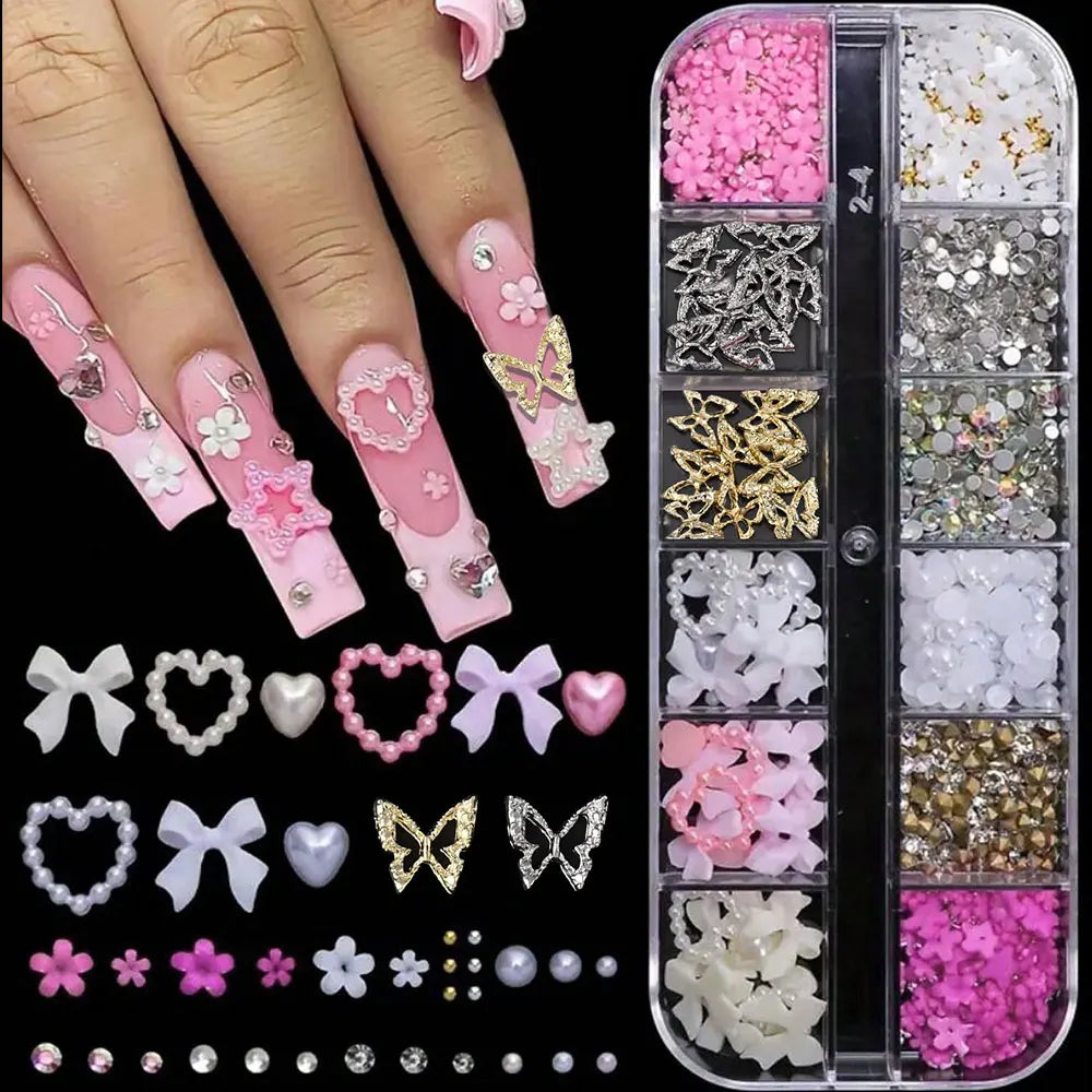 12-Grid Pink & White Nail Art Charms Set – Bows, Pearls, Rhinestones & Butterflies for DIY Manicure