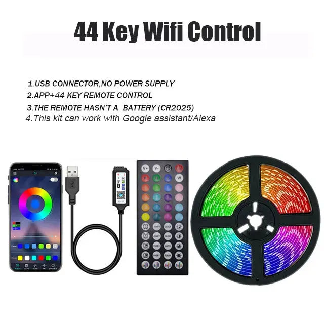 RGB LED strip light by FanzyMarket with USB power, Bluetooth, WiFi, IR remote, 1m to 30m length, ideal for TV, bedroom, living room decor.