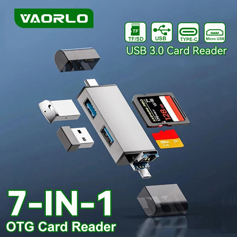 7-in-1 USB Card Reader USB 3.0 Type-C Micro USB Adapter for SD & microSD Cards - PC, Laptop, OTG Smartphones
