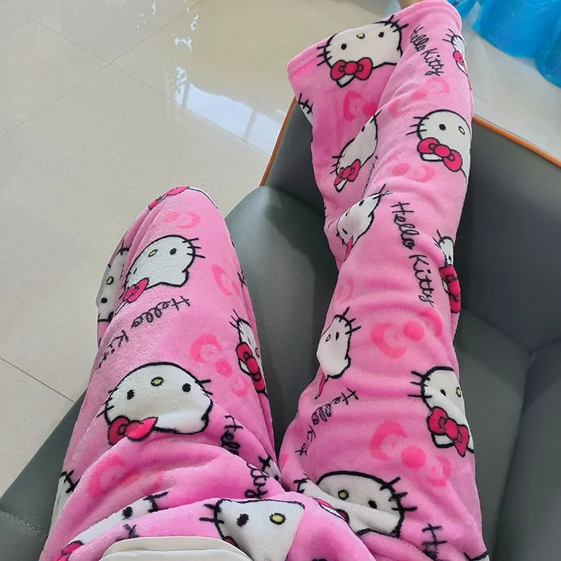 Women’s Flannel Fleece Pajama Pants – Kawaii Cartoon Elastic Waist Lounge & Sleep Trousers, Soft Anime Sleepwear Gift