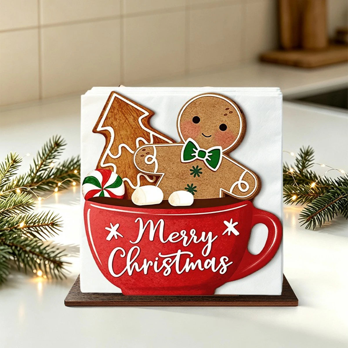 Santa Claus Wooden Napkin Holder - Holiday Tabletop Napkin & Tissue Holder, Christmas Dining Decor
