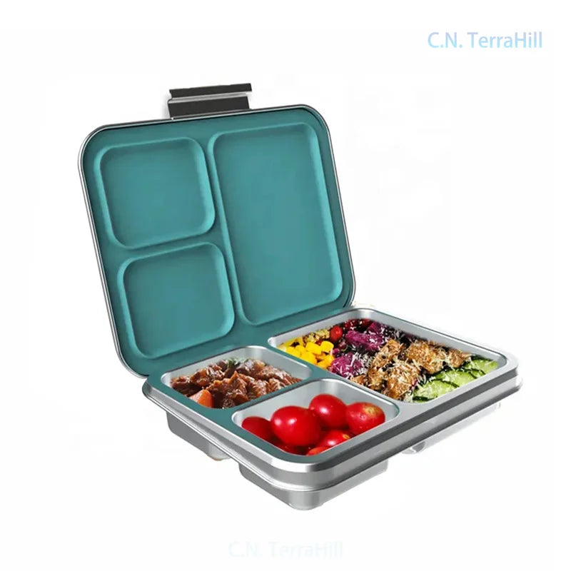 304 Food-Grade Stainless Steel Insulated Lunch Box – 3-Compartment Portable Bento with Lid & Buckle for Students & Office Workers