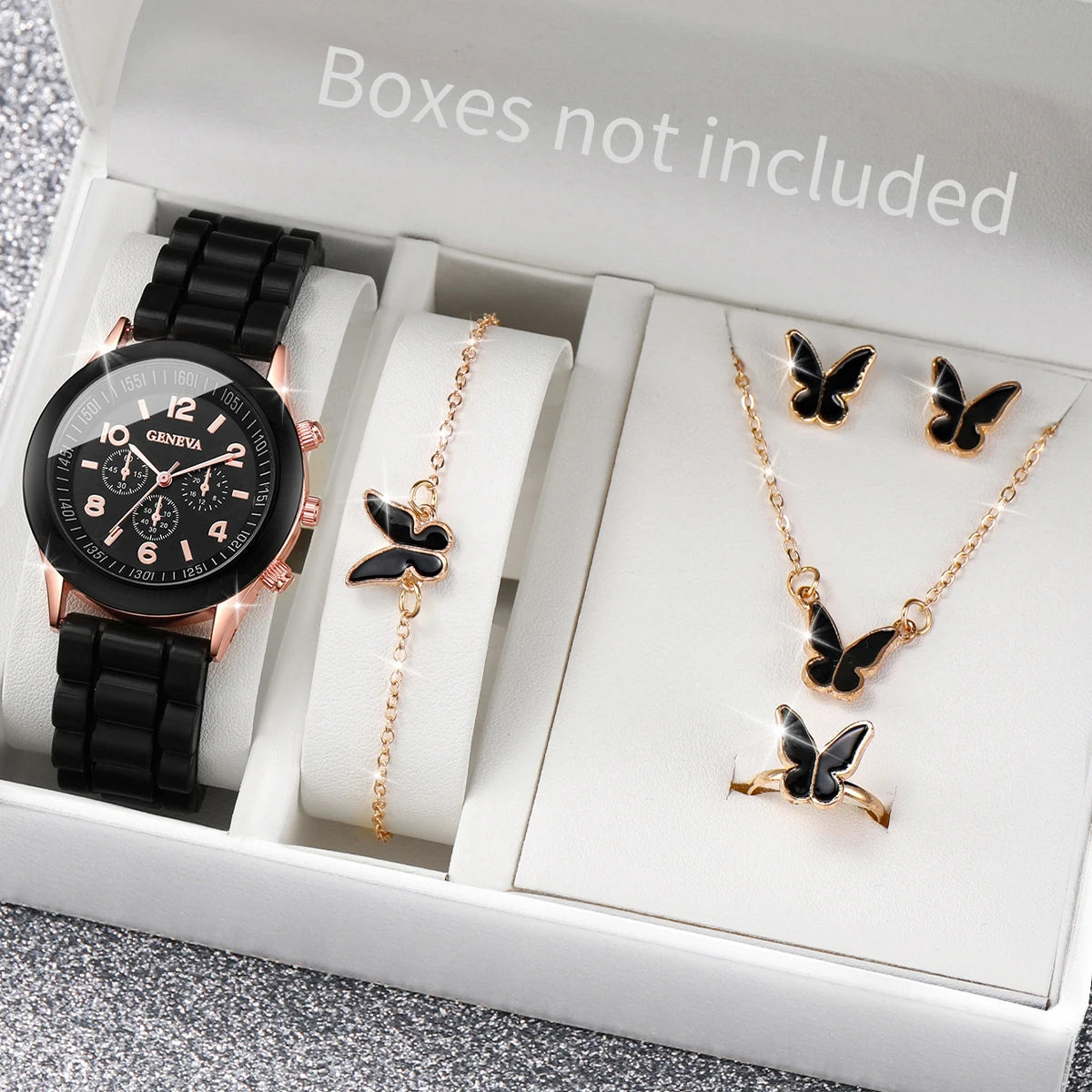 5/6-Piece Women's Quartz Watch & Jewelry Gift Set - Silicone Band, 38mm (1.50 in)