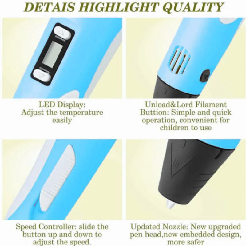 3D Printing Pen with LCD Screen — PLA Filament Compatible DIY Drawing Pen for Kids, Camouflage Design, Adjustable Temperature