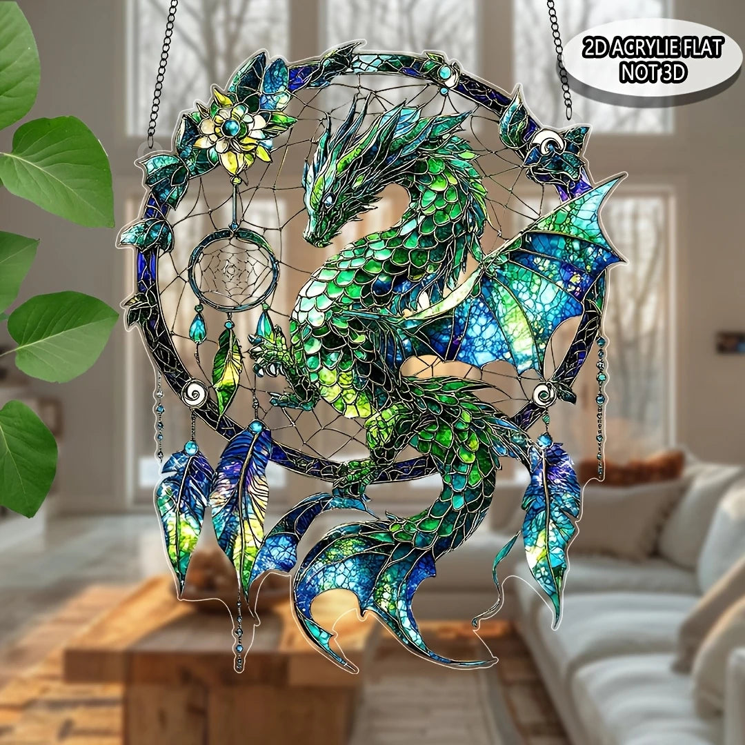 Fantasy Dragon Acrylic Sun Catcher – Green & Red 2D Hanging Window and Door Dreamcatcher Home Decor Gift