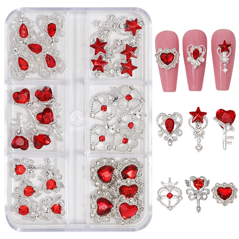 6-Grid Nail Rhinestone Kit – Saturn, Planet & Cross Crystal Nail Charms for Nail Art