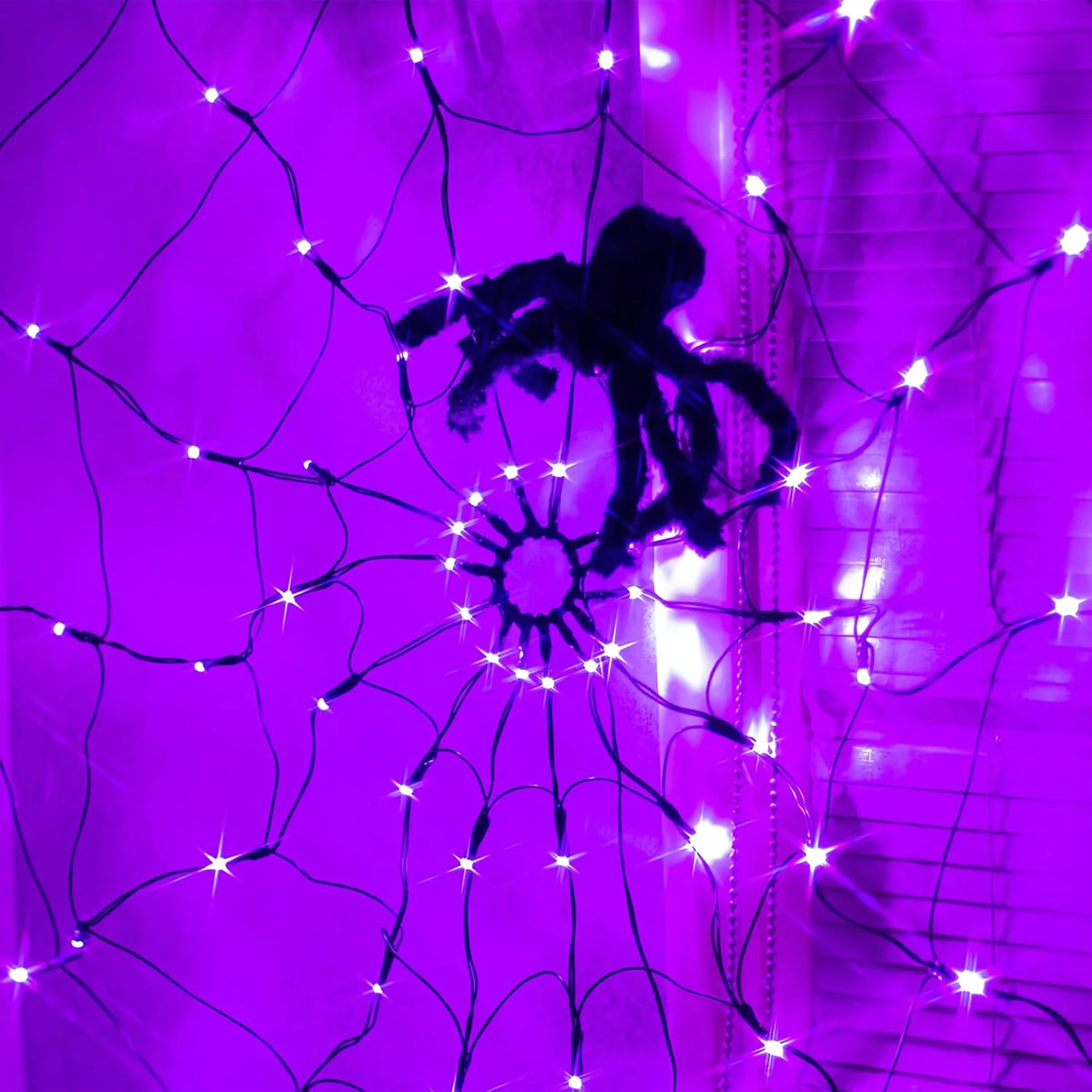 Giant LED Spider Web String Lights with Plush Spider – Luminous Halloween Window & Haunted House Decor