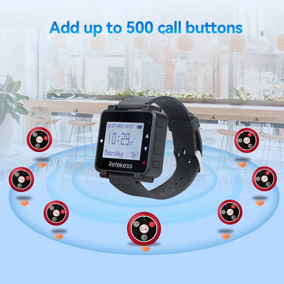 Wireless Waiter Calling System with Rechargeable Watch Receiver and Programmable Call Buttons – Restaurant Pager for Cafe Bar